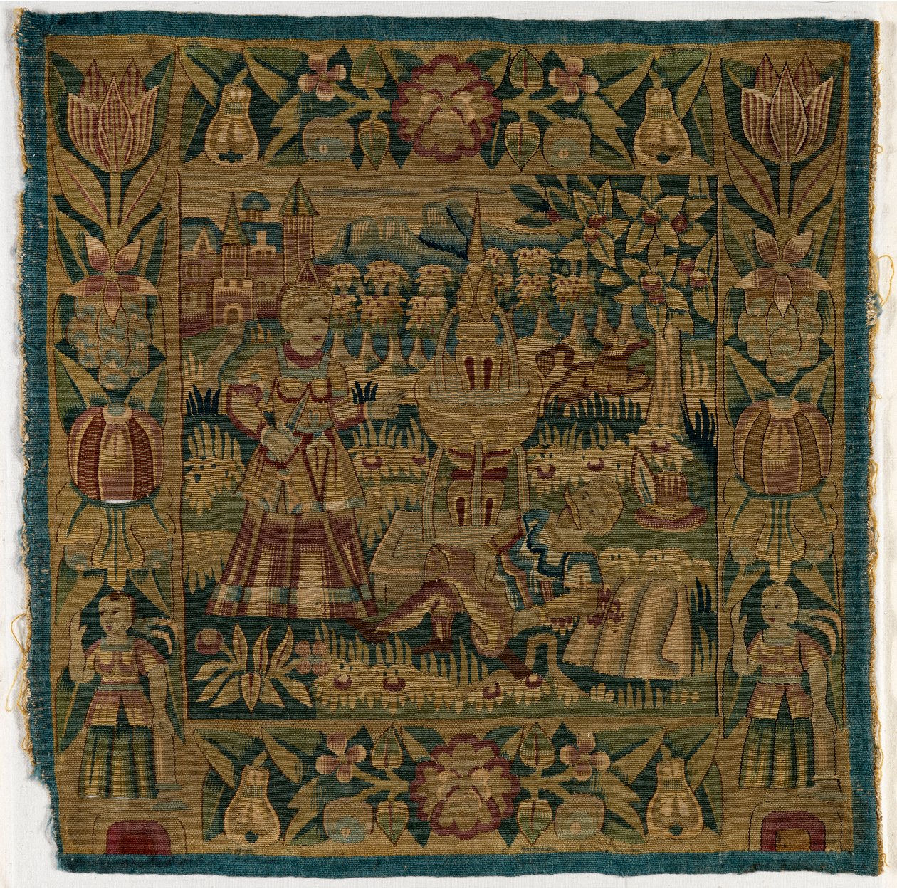 Pudebetræk af gobelin forestillende Pyramus og Thisbe, lavet i Hamborg, Tyskland, ca. 1615 (uld) af German School