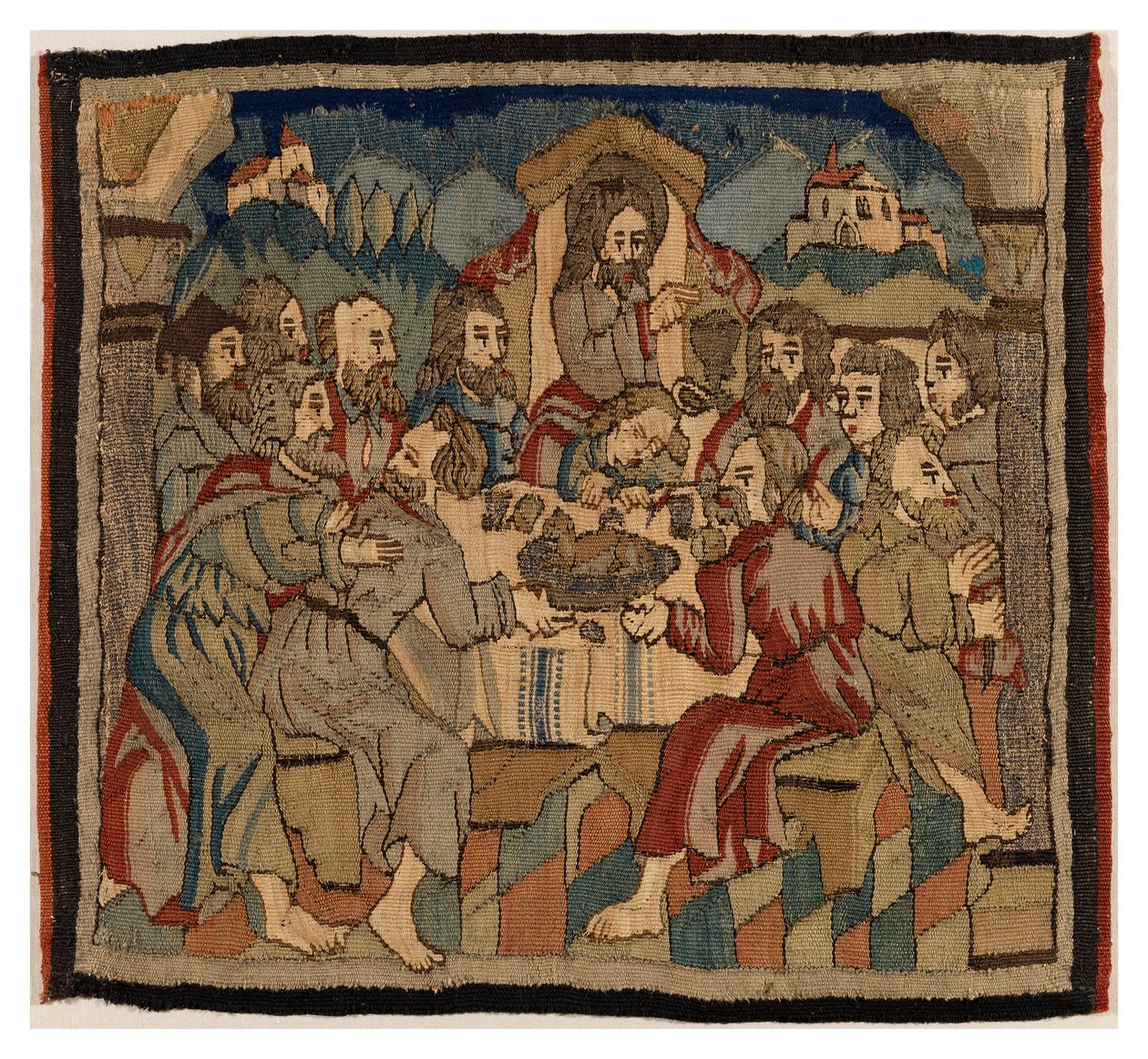 Tapestry panel med scener fra passionen fra et antependium, fra Oberrheinland (uld og hør) af German School