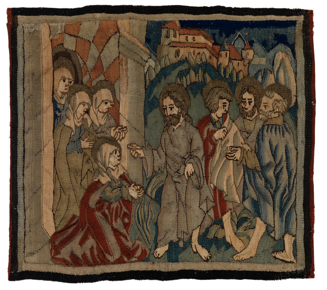 Tapestry panel med scener fra passionen fra et antependium, fra Oberrheinland (uld og hør) af German School