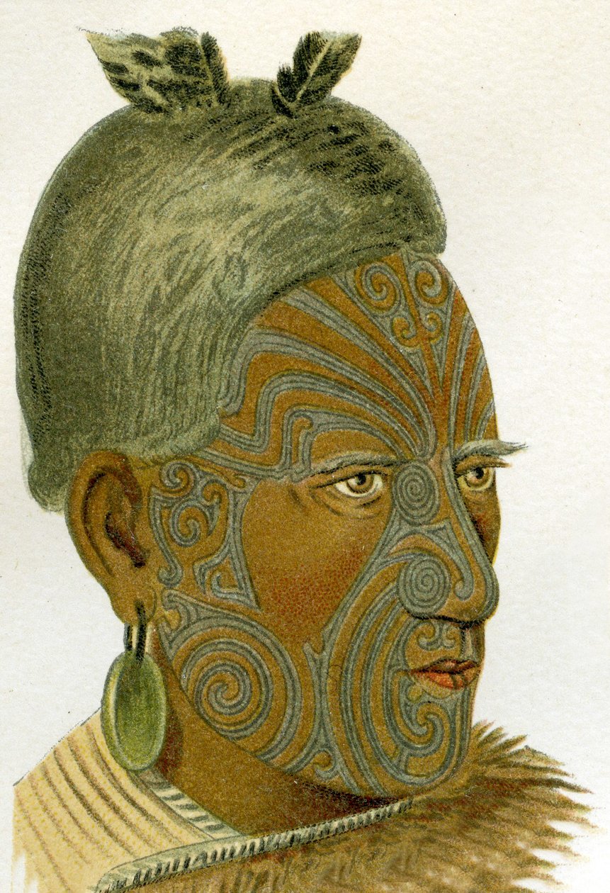 Tatoveret ansigt af en maorihøvding, 1894 af German School