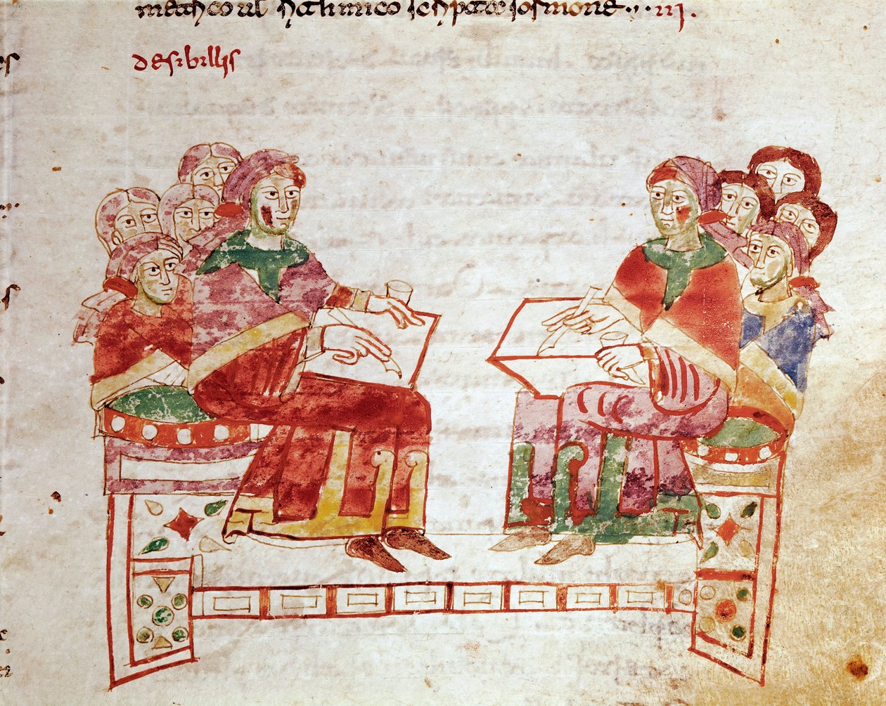Undervisningsscene i en miniatureskole taget fra bindet ""de Gymnasium"" i ""De Universo"" (eller De rerum naturis (De la Nature des choses)) (cod. 132) af Rabanus Maurus Magnentius (eller Raban Maur eller Rabano Mauro) (ca. 780-856). 9. århundrede Arkiv a af German School