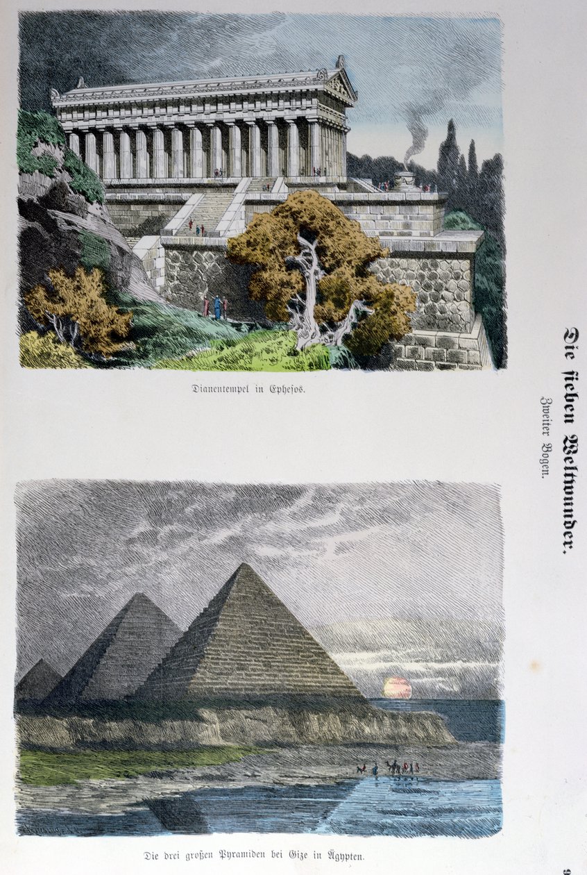 Dianatemplet i Efesos og pyramiderne i Giza, fra en serie af verdens syv vidundere offentliggjort i Munchener Bilderbogen, 1886 (farvegravering) af German School