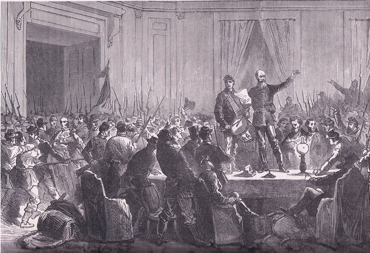 Den 106. bataljon af nationale garder leverer Trochu på Hotel De Ville, Cassells historie om krigen mellem Frankrig og Tyskland udgivet af Cassell and Company Limited, ca. 1890 (litho) af German School