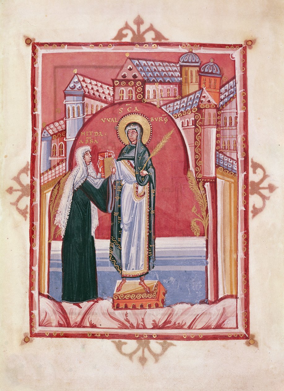 Abbedissen Hilda ofrer evangeliet til St. Walburga af German School