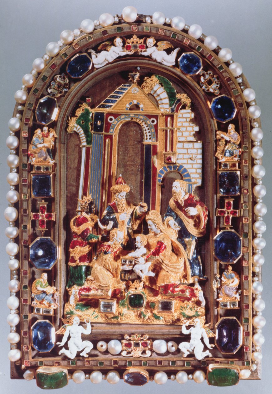 Kongernes tilbedelse, reliefplade indrammet med miniaturefigurer af de fire evangelister og putti vekslende med safirer, fra München (emalje, forgyldt, halvædelsten, perler) af German School