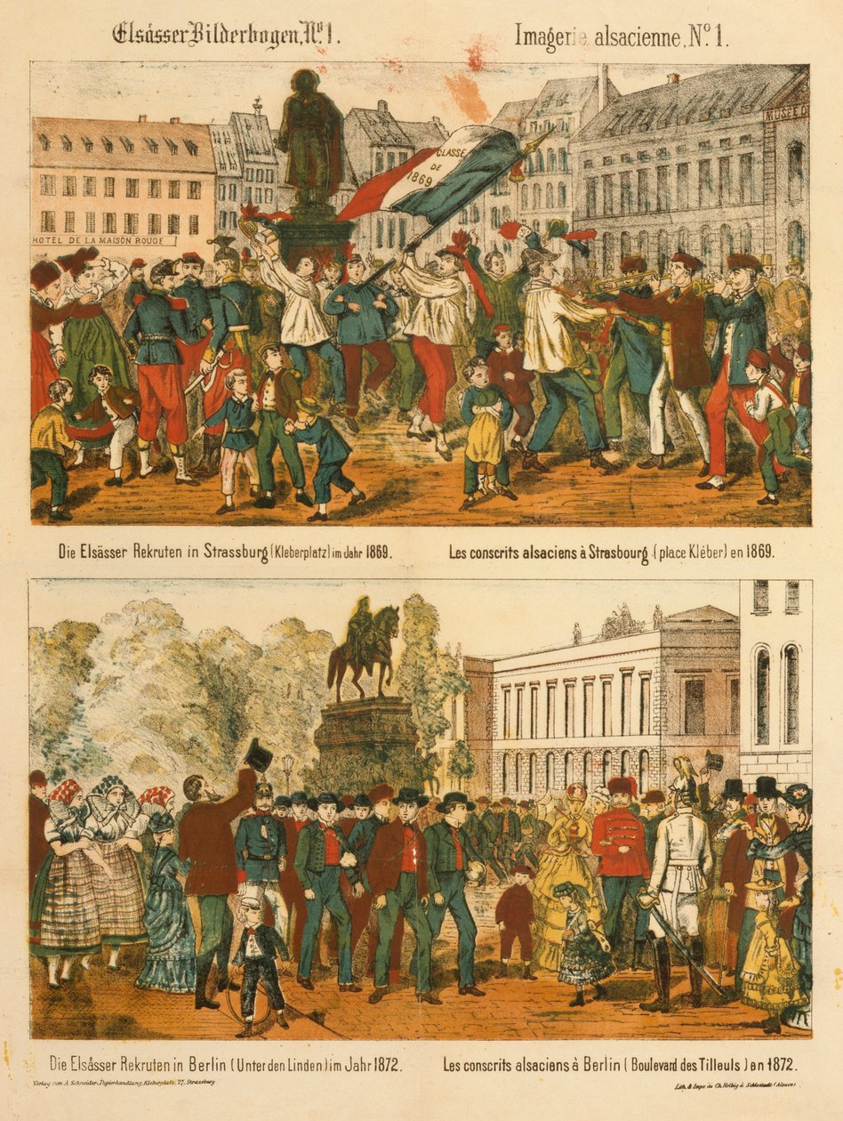Alsace rekrutterer i Strasbourg (Kleberplatz) i 1869 og i Berlin (Under den Linden) i 1872, fra Elsaesser Bilderbogen, udgivet af A. Schneider, Strasbourg, 1873 af German School