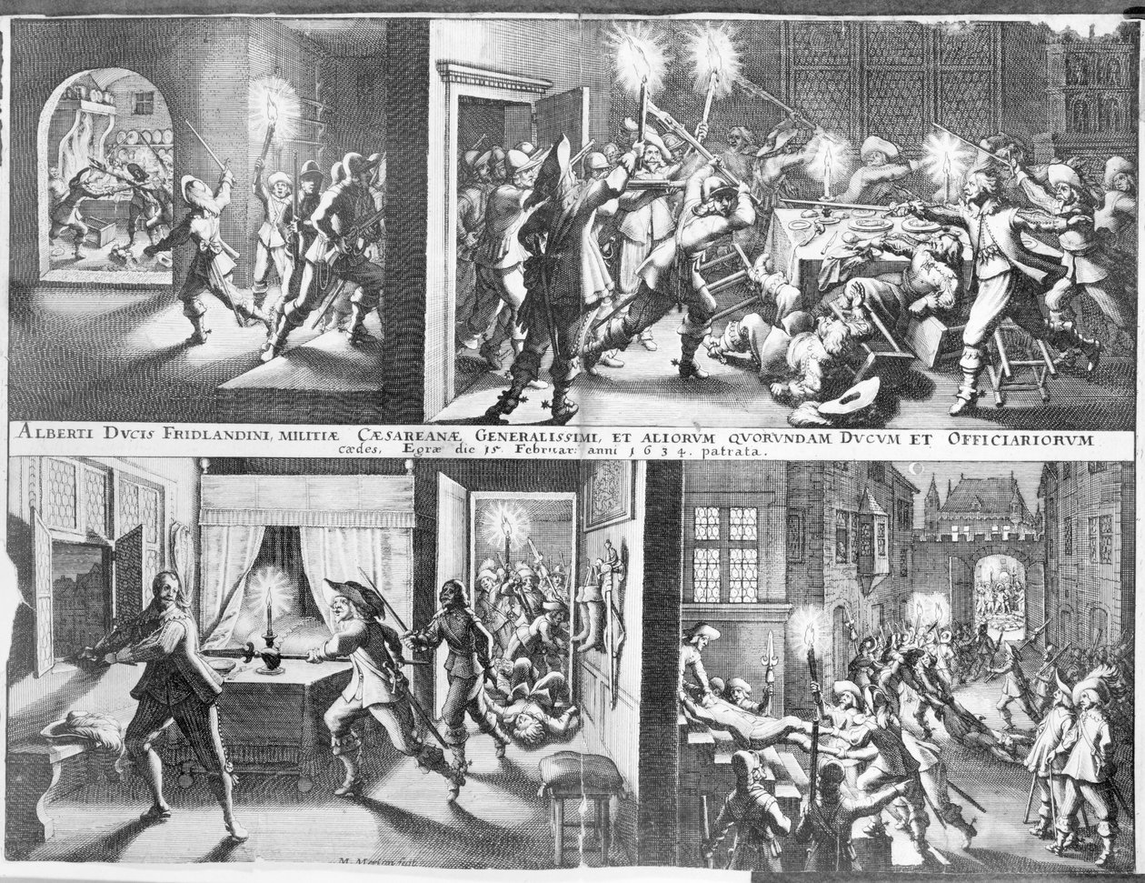 Mordet på Albrecht von Wallenstein (1583-1634) i Eger af en styrke af irske og skotske officerer under ledelse af general Butler, 25. februar 1634 (kobberstik) af German School