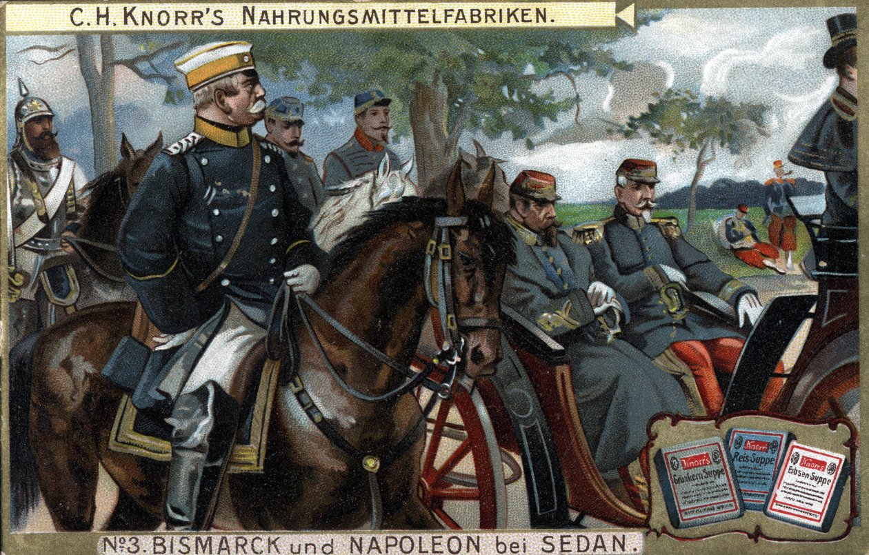 Slaget ved Sedan, krigen i 1870: General Otto von Bismarck (1815-1898), konge af Preussen eskorterede kejser Napoleon III (Louis Napoleon Bonaparte) af German School