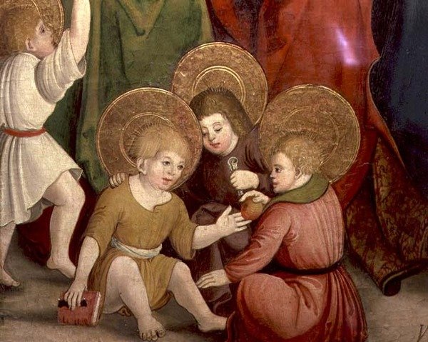 The Childhood of St. Joseph, detalje af børn, der leger, Swabian School (olie på panel) af German School