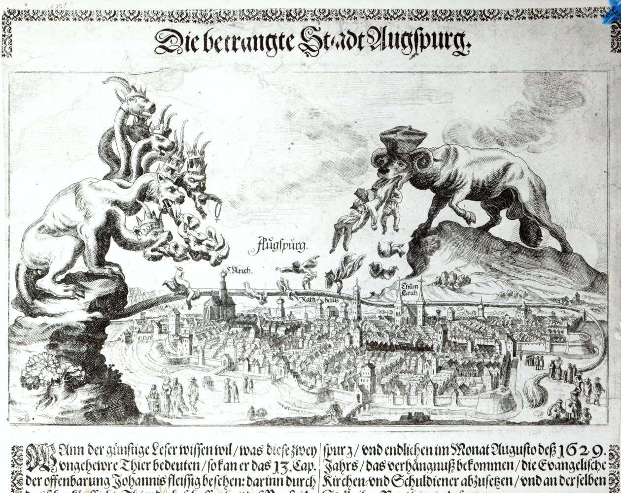 Byen Augsburg blev tvunget til at acceptere katolsk dominans i 1629 (gravering) (bw foto) af German School