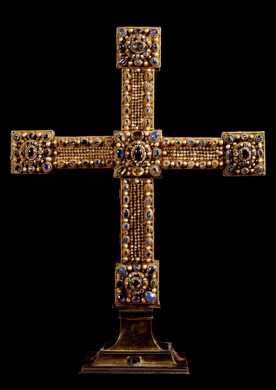 Imperiets kors (Reichskreuz) lavet af guld, sten og perler af tysk fremstilling. Debut 11. århundrede Dim. 71x77 cm Wien, Kunsthistorisches Museum - The Cross of the Holy Roman Empire (Reichskreuz) belagt med bladguld og dekoreret med g af German School