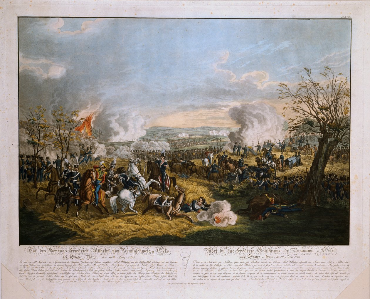 The Death of the Duke of Frederick William of Brunswick (1771-1815) - ved slaget ved Quatre Bras, 16. juni 1815, udgivet af J.L. Rugendas, 1815 (farvet akvatint) af German School