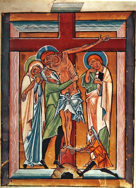 Nedstigningen fra korset, ca. 1230 (tempera & bladguld på vellum) af German School