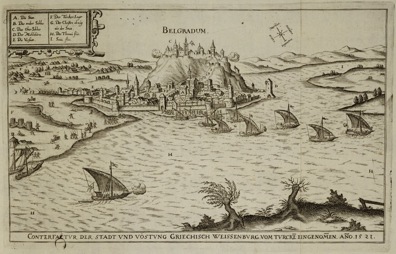 Beograds fald til tyrkerne i 1521, illustration fra en bog om de osmanniske felttog i Europa, indgraveret af Paul Furst (ca. 1605-66) af German School