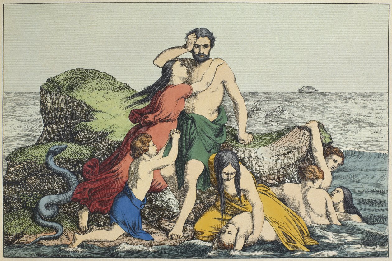 Syndfloden, illustration fra LAncien Testamente, udgivet af Jakob Ferdinand Schreiber, Esslingen (farvestik) af German School