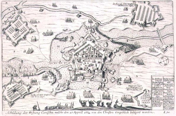 Fæstningen Canischa belejret forgæves af de kristne i 1664, illustration fra en bog om de osmanniske felttog i Europa, indgraveret af Paul Furst (ca. 1605-66) (stik) af German School