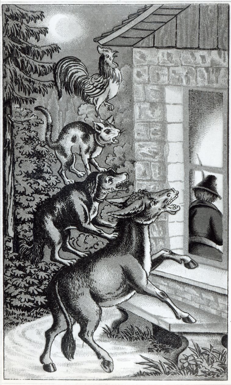 De fire dyr, der råber mod vinduet, illustration til The Musicians of Bremen Town, fortælling af brødrene Grimm af German School