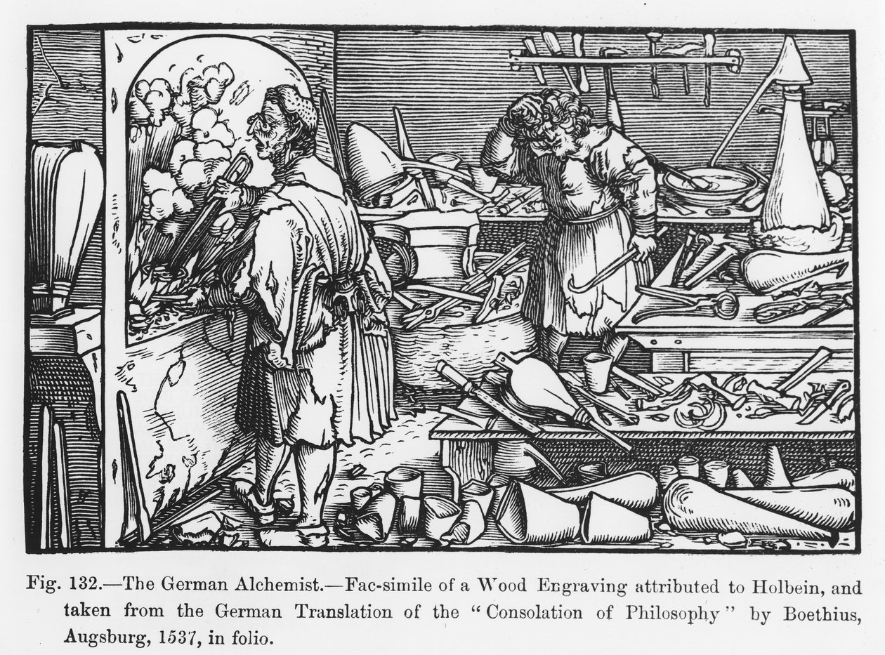 Den tyske alkymist, fra Consolation of Philosophy af Boethius, illustration fra Videnskab og litteratur i middelalderen og renæssancen, skrevet og indgraveret af Paul Lacroix, 1878 (f. af German School
