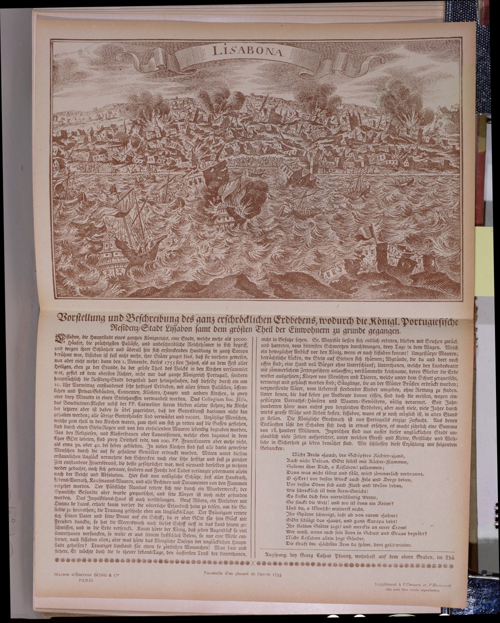 Det store jordskælv i 1755 i Lissabon, faksimilekopi af en original gravering og tekst, 1755 af German School