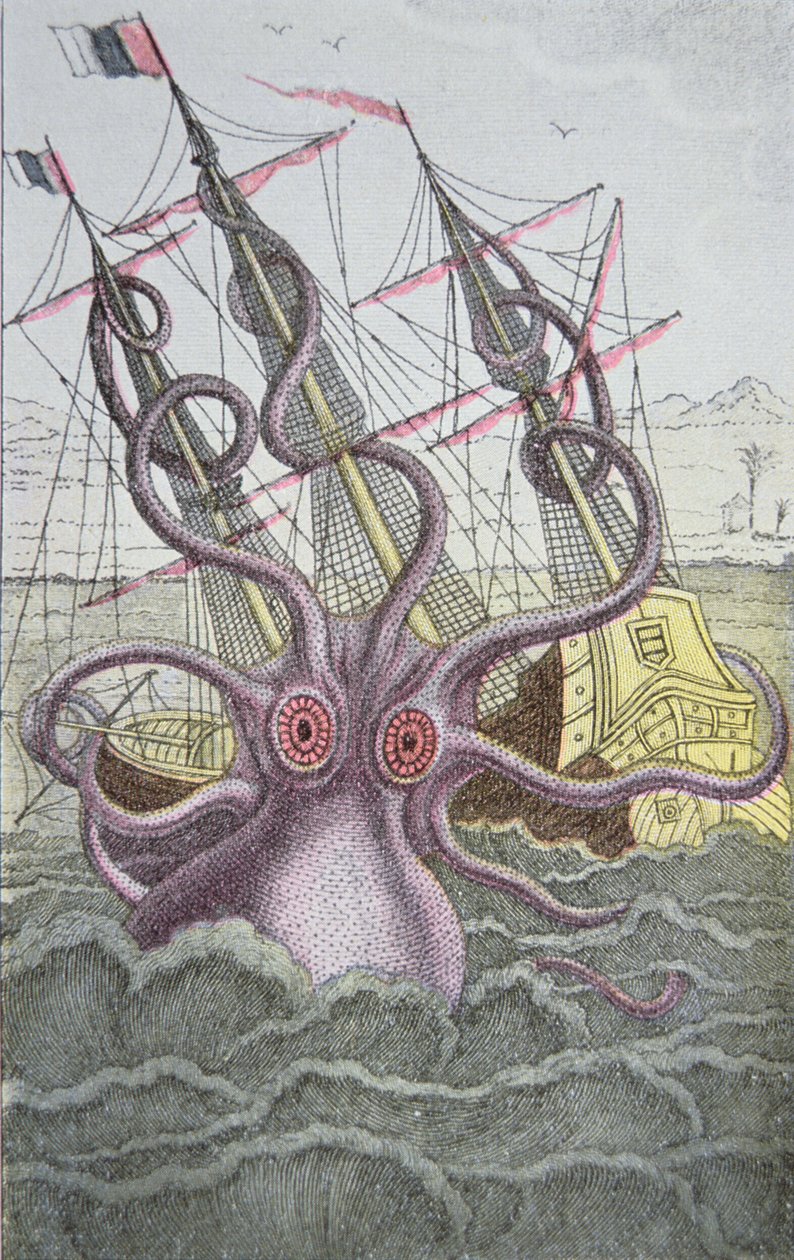 Kraken trækker et skib ned (farvet indgravering) af German School