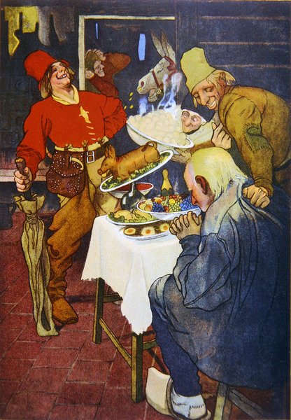 Det magiske bord og det gyldne æsel, illustration af et eventyr af brødrene Grimm af German School