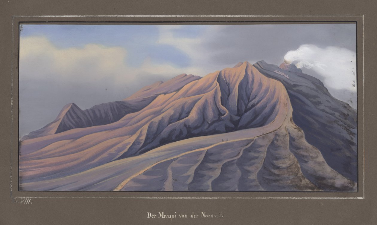 The North Side of the Merapi set fra 4686 fod, november 1836, pl.VII fra Topografisk og Videnskabelig Atlas af Rejsen gennem Java, af Dr. p. Junghuhn, Magdeburg, 1845 (farve belyst af German School