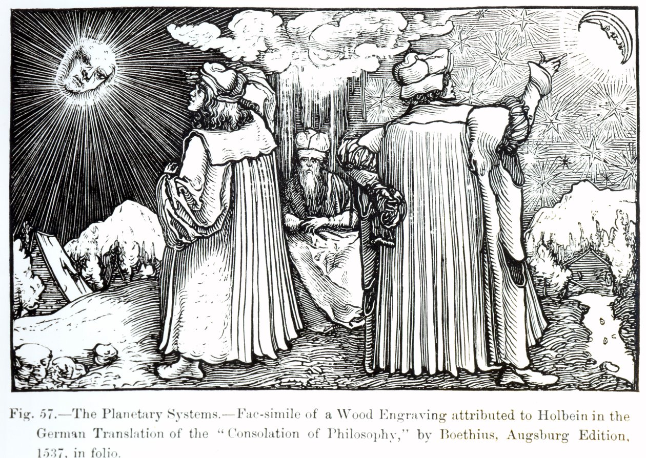 The Planetary Systems, fra The Consolation of Philosophy af Boethius, udgivet i 1537, illustration fra Science and Literature in The Middle Ages and Renaissance, skrevet og indgraveret af Paul Lacr af German School