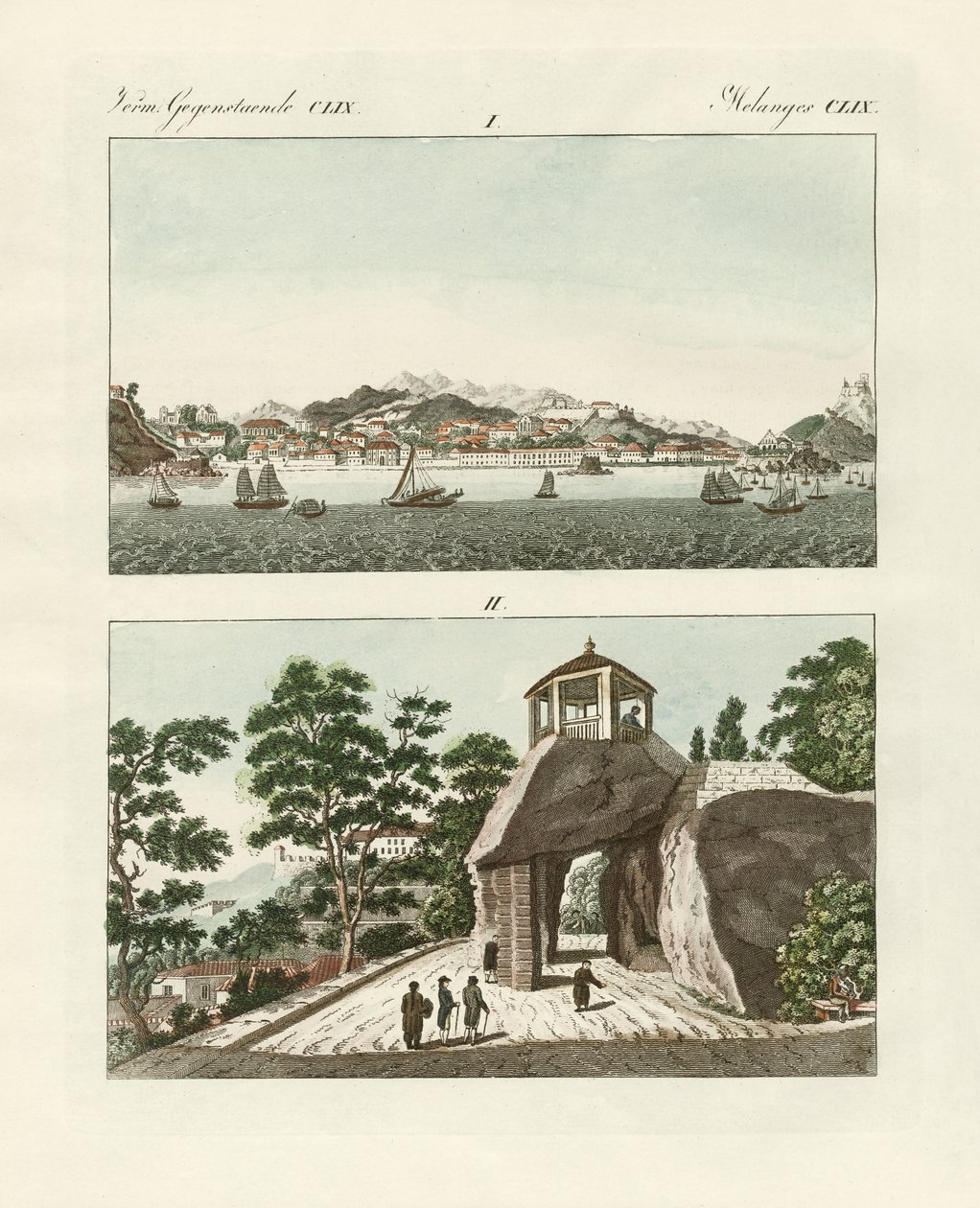 Den portugisiske koloni Macau i Kina (farvet indgravering) af German School
