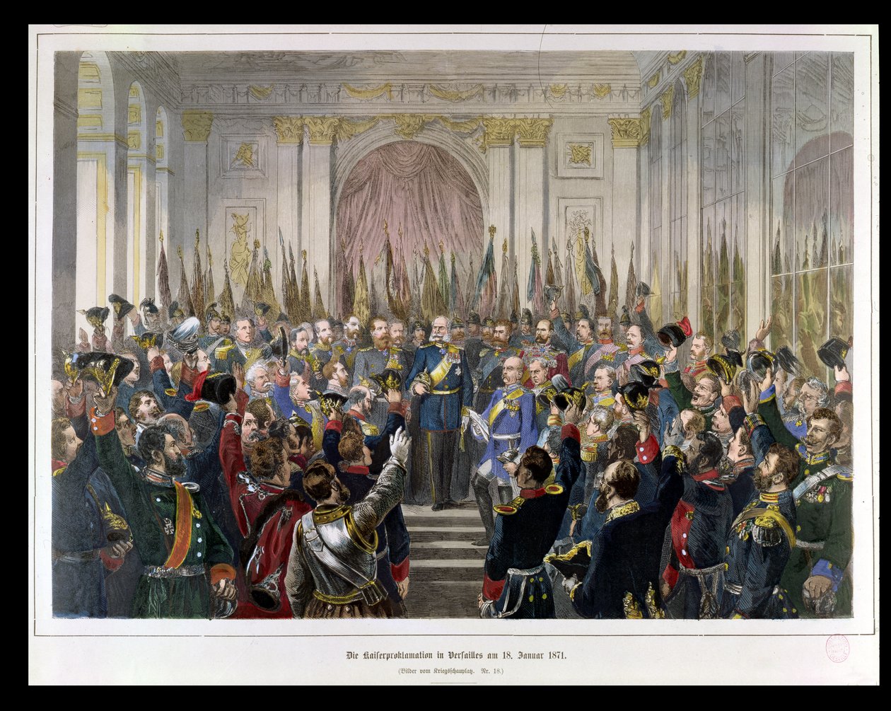 Proklamationen af Wilhelm som kejser af det nye tyske rige i spejlsalen i Versailles den 18. januar 1871, 1871 (farvestik) af German School