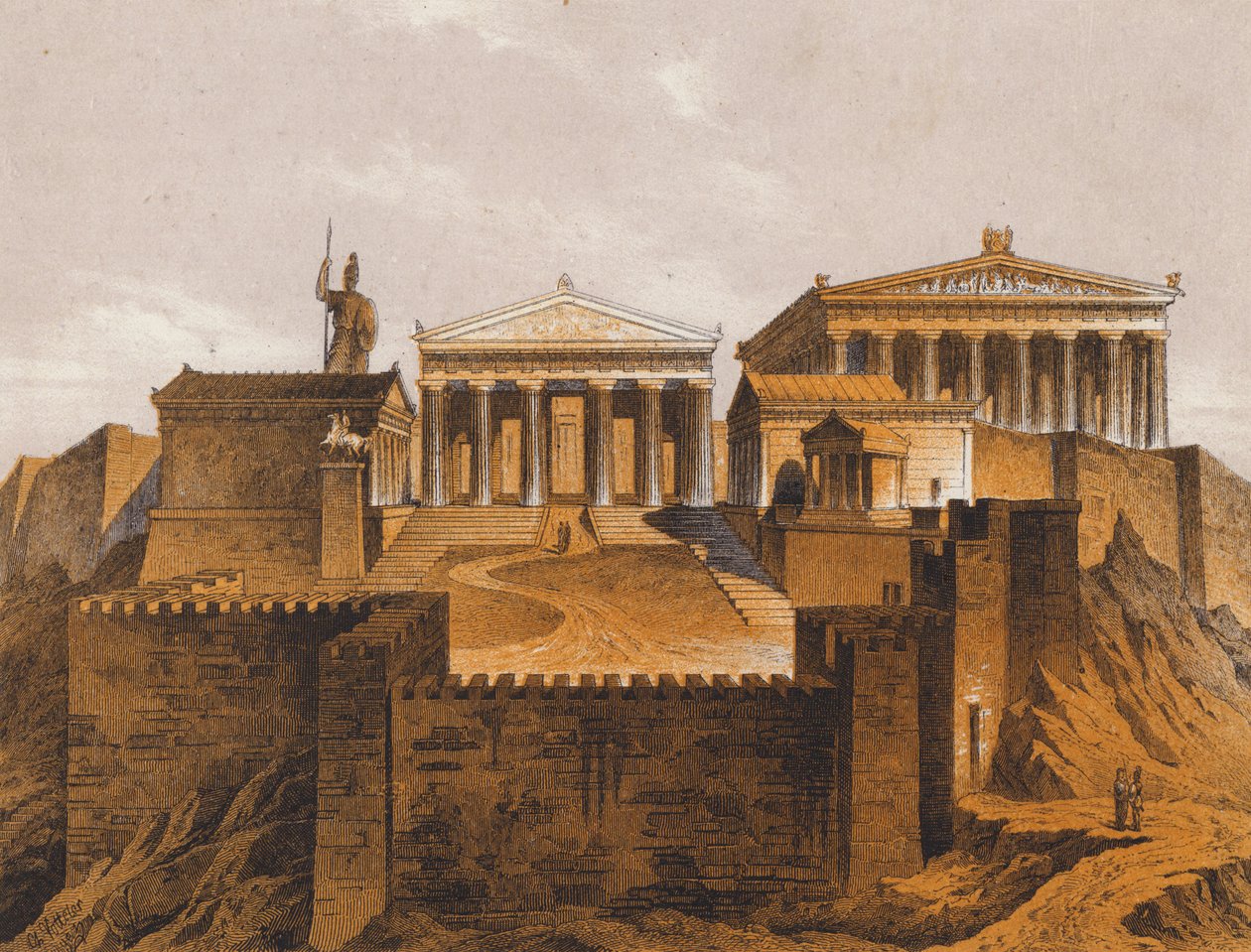 Propylæerne, det gamle Athen, Grækenland (farvelitografi) af German School