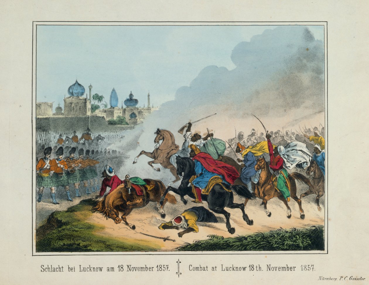 Belejringen af Lucknow i Uttar Pradesh under det indiske oprør i 1857, billedligt broadsheet udgivet af P.C. Geissler, Nürnberg, 1857 af German School