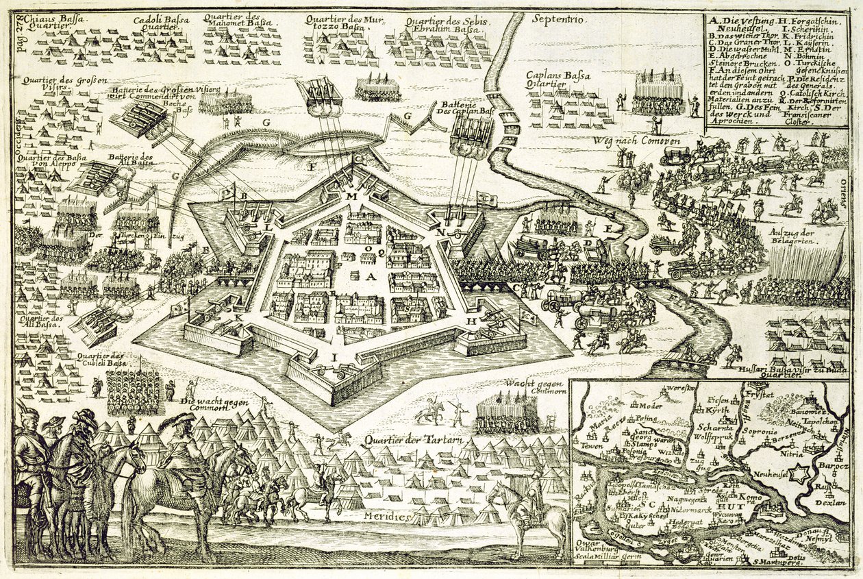 Tyrkernes belejring af Neuhausel i 1663, illustration fra en bog om de osmanniske felttog i Europa, indgraveret af Paul Furst (ca. 1605-66) af German School