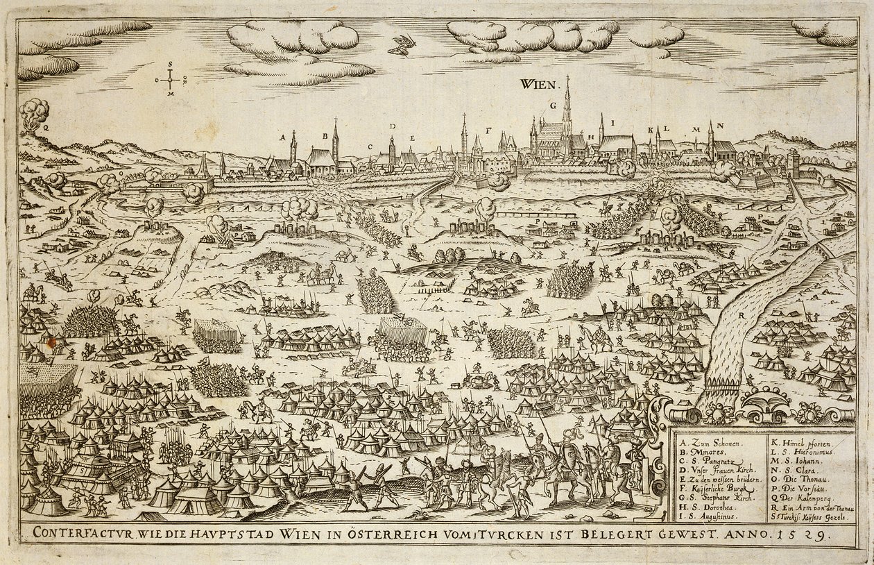 Belejringen af Wien i 1529, illustration fra en bog om de osmanniske felttog i Europa, indgraveret af Paul Furst (ca. 1605-66) af German School