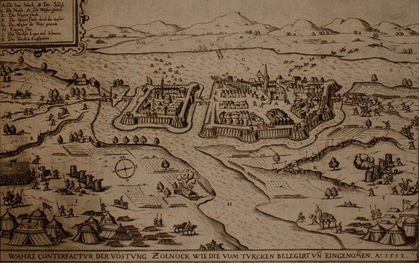 Belejringen af Zolnock af tyrkerne i 1552, illustration fra en bog om de osmanniske felttog i Europa, indgraveret af Paul Furst (ca. 1605-66) (stik) af German School