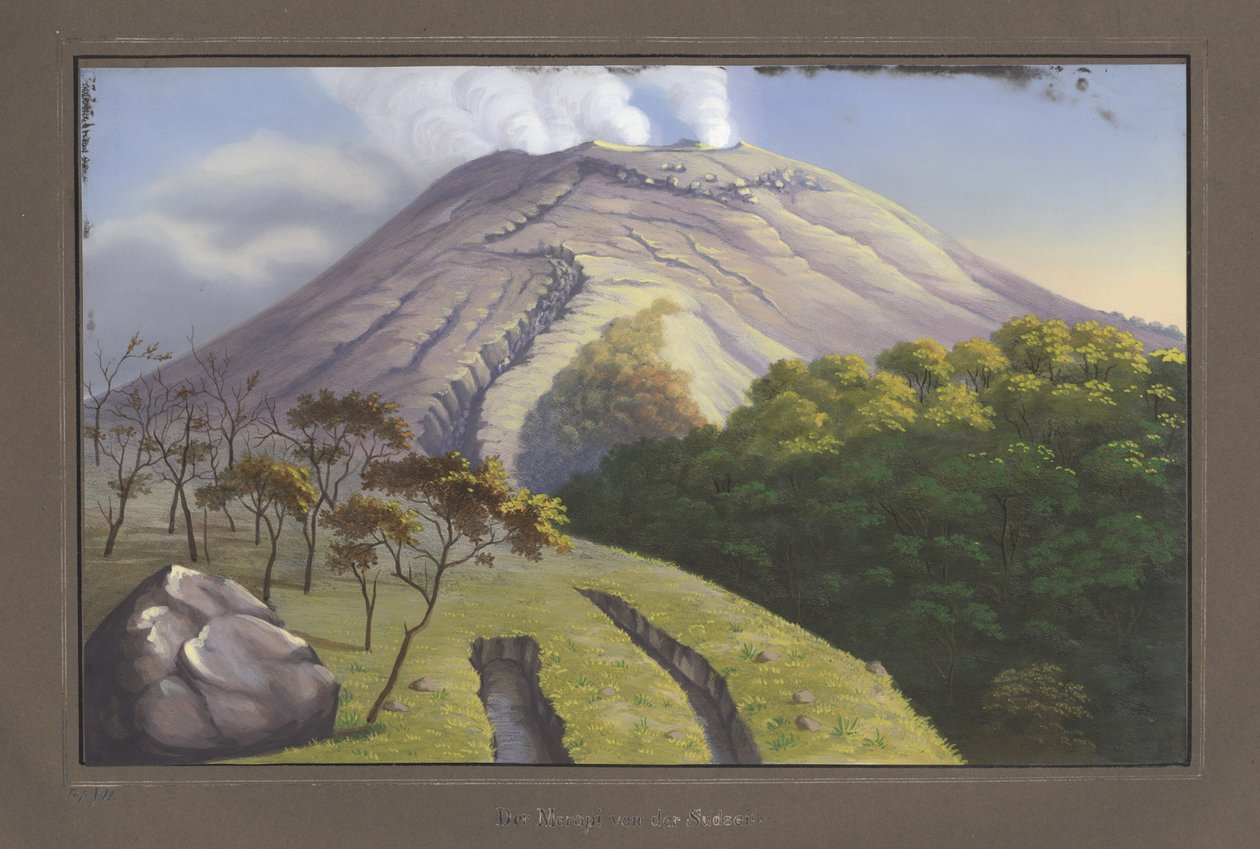 Sydsiden af ​​toppen af ​​Merapi set fra en højde af 5231 fod, september 1836, pl.VII, fra topografisk og videnskabelig atlas på rejsen gennem Java, af Dr. Fru Junghuhn, Magdebur af German School
