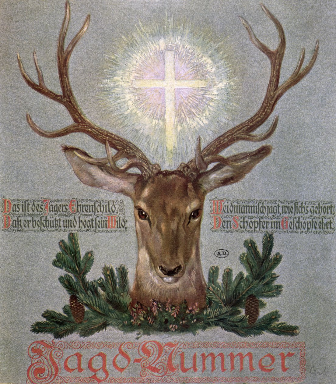 The Stag of St. Hubert (655-727), forsideillustration fra en jagtjournal, 1908 af German School