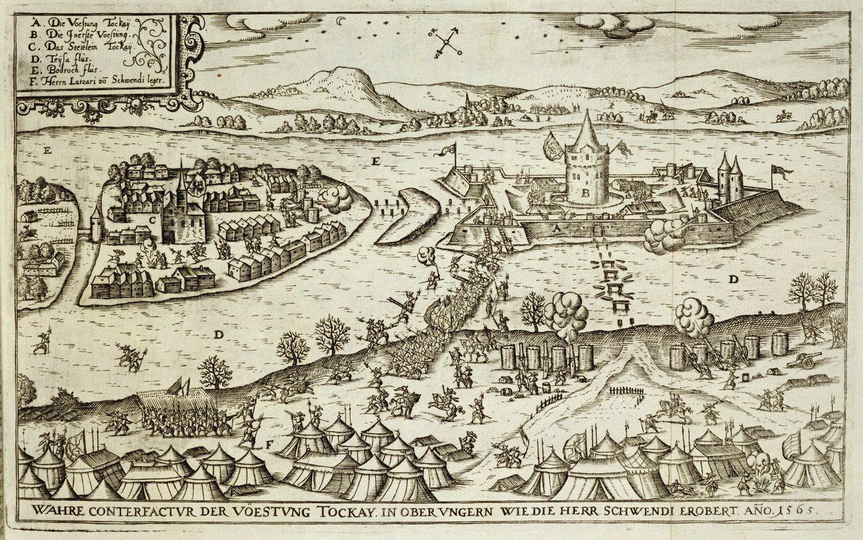 Byen Tokay genvundet fra tyrkerne af Herr Schwendi i 1565, illustration fra en bog om de osmanniske felttog i Europa, indgraveret af Paul Furst (ca. 1605-66) af German School