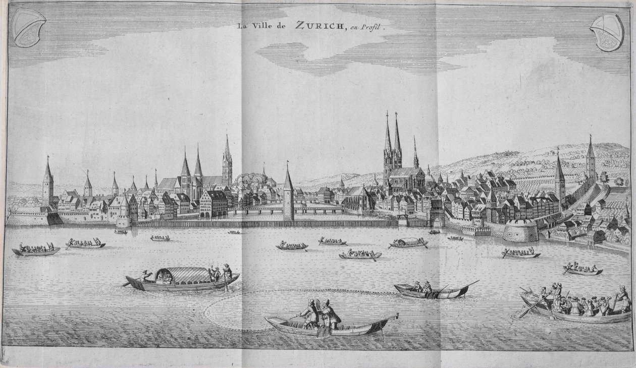 Byen Zürich, Schweiz, fra bind II af Itinera Alpina af Johann Jacob Scheuchzeri, udgivet 1706 af German School