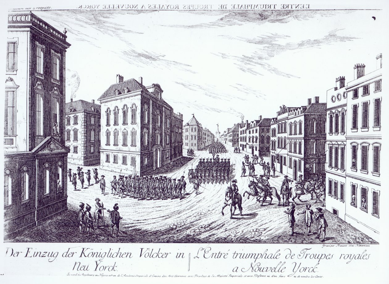 De kongelige troppers triumferende indtog i New York, 1776, indgraveret af Francois Xavier Habermann af German School