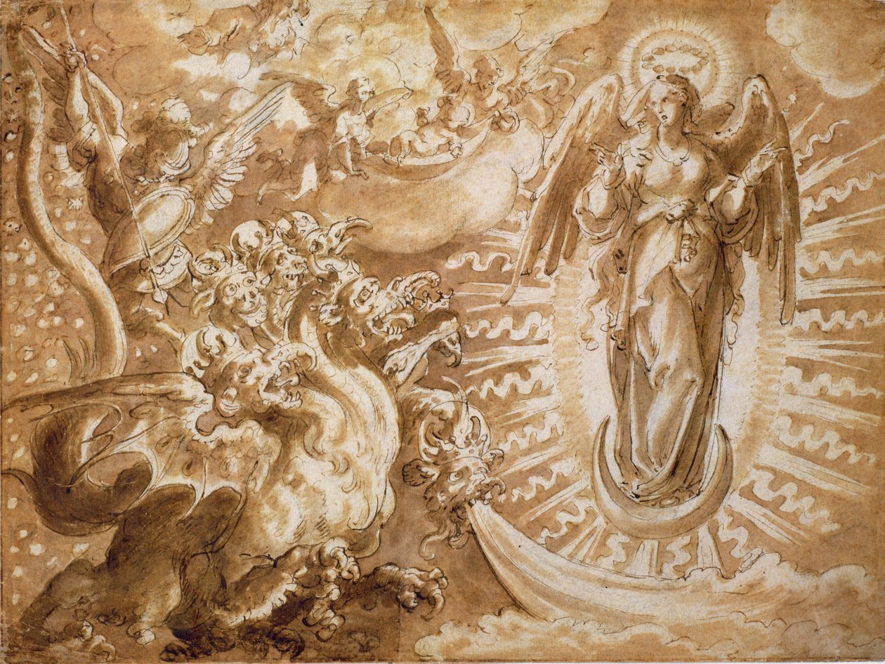 Kvinden klædt med solen og den syvhovedede drage, ca. 1600 (pen og blæk med vask over sort kridt) af German School