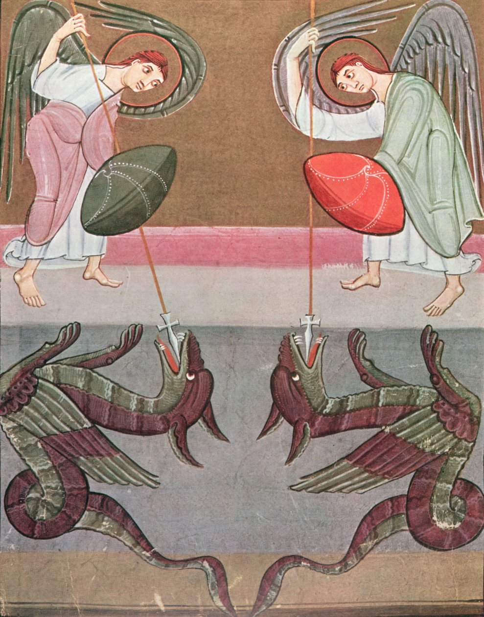 Englene, der ledsager St. Michael angriber dragerne, faksimile af Bamberg Apocalypse af German School
