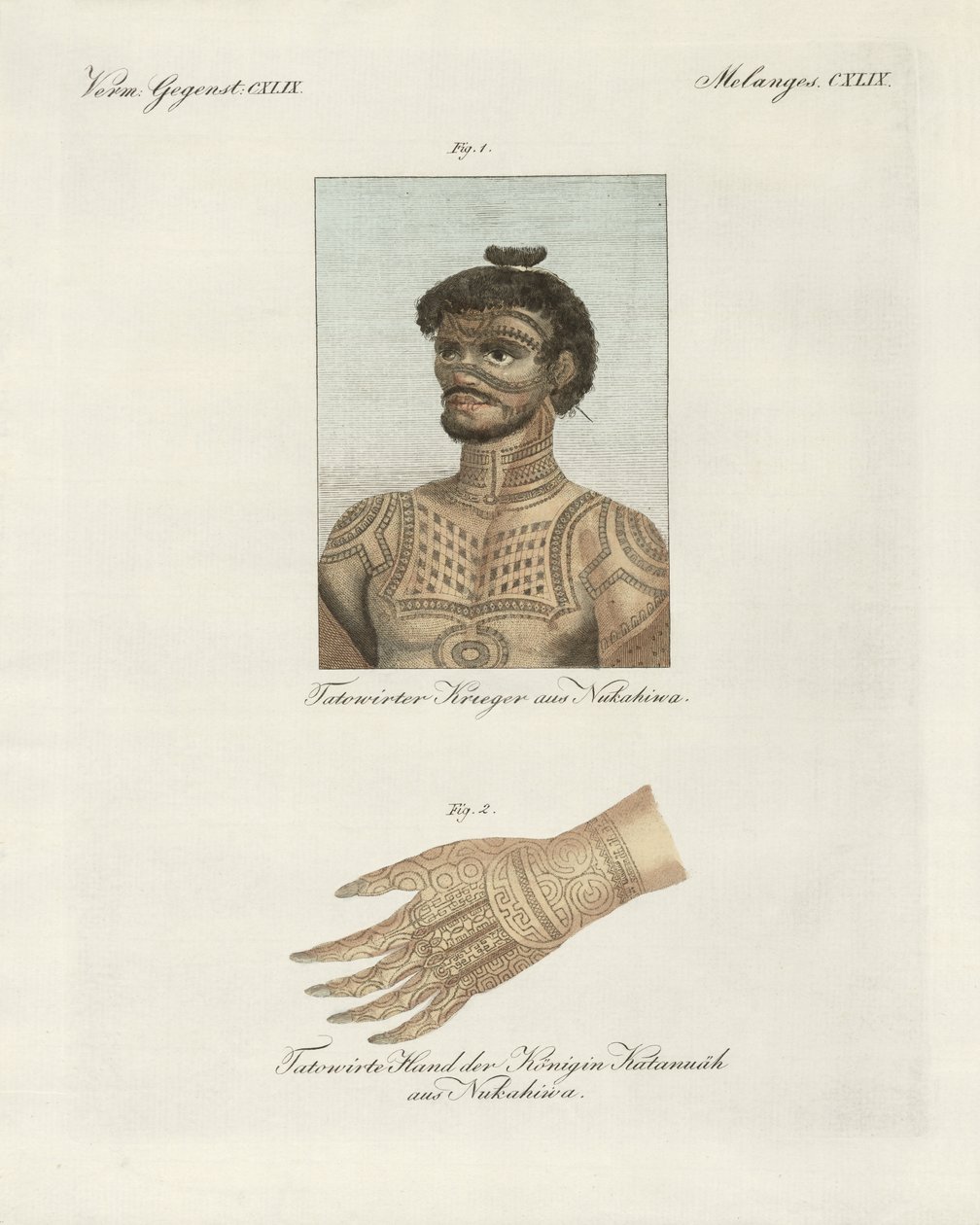 Kunsten at tatovere på øen Nukahiwa (farvet gravering) af German School