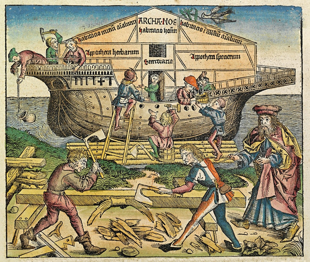 Bygningen af Noahs Ark, offentliggjort i Nürnberg Chronicle, 1493 af German School