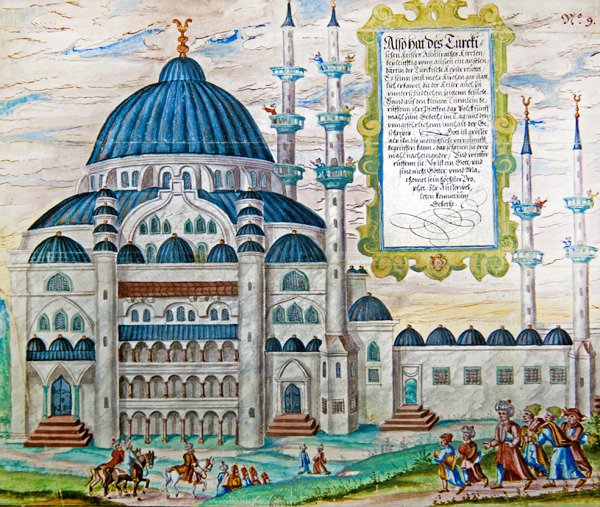 Kaldet til bøn i en moské i Tyrkiet (gouache på papir) af German School