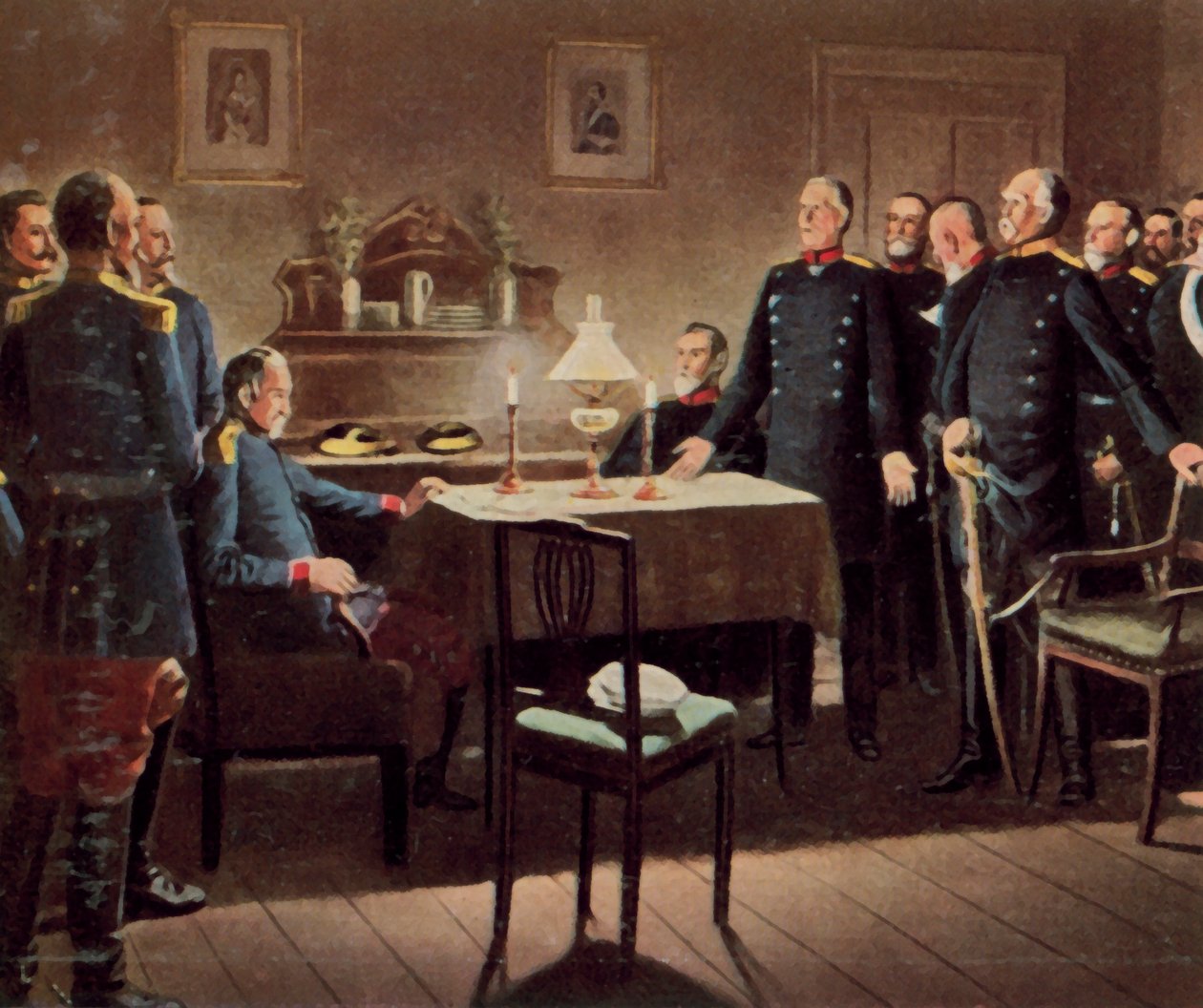 Kapitulationen af Sedan-fæstningen, 2. september 1870 (forstærket farvelitografi) af German School