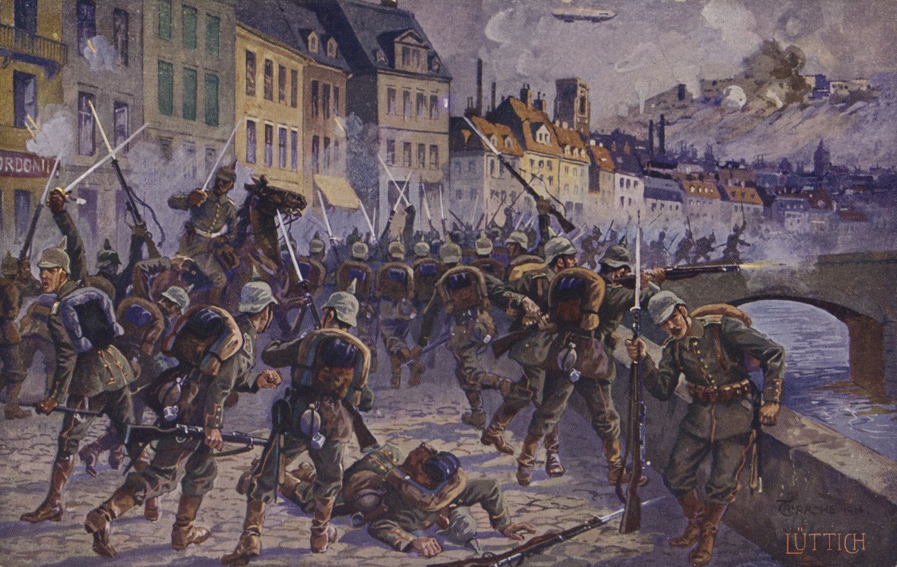 Indtagelsen af Liege, Belgien, Første Verdenskrig, 7. august 1914 (farvelitografi) af German School