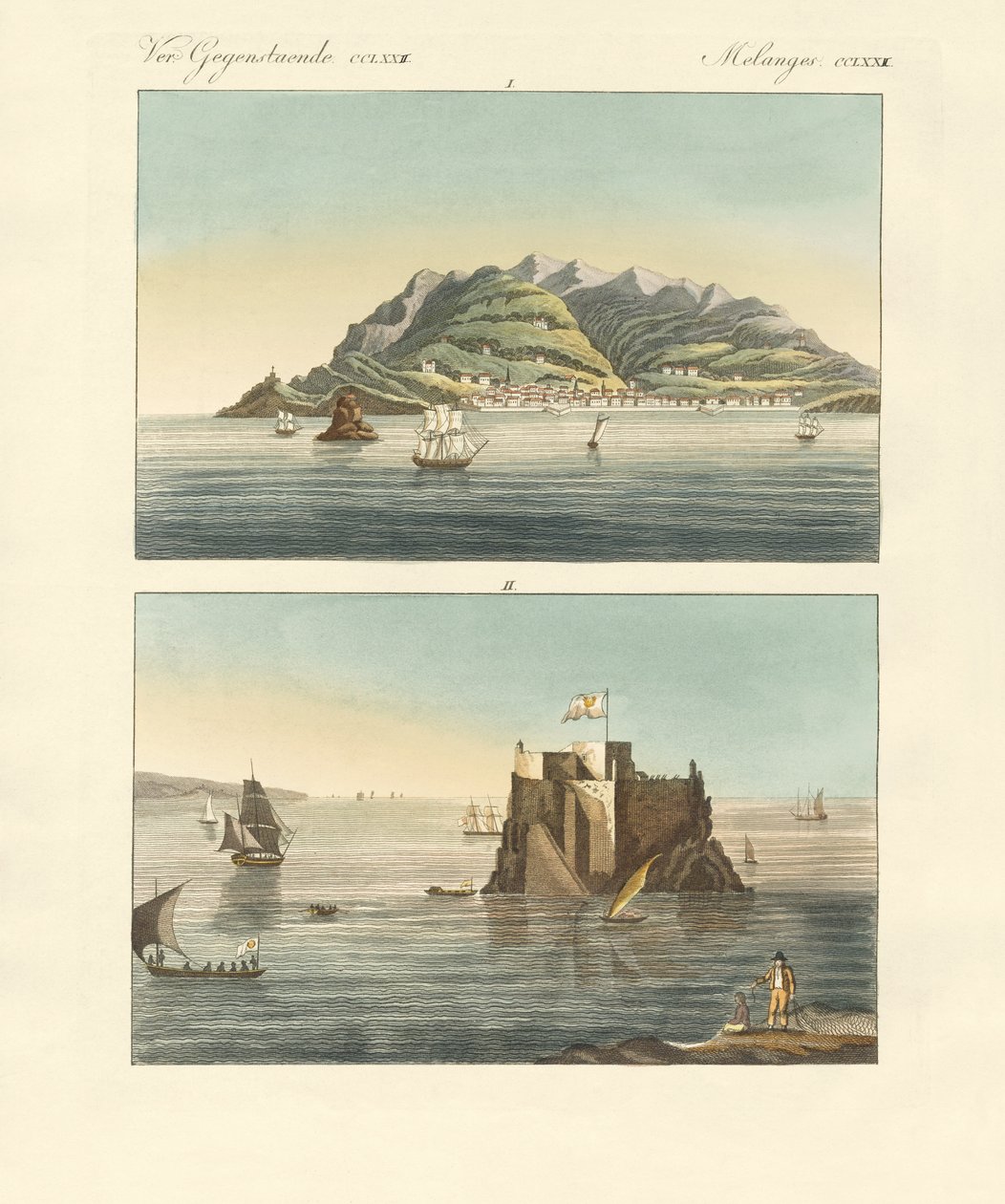 Byen Funchal og Fort Loo på øen Madeira (farvet indgravering) af German School