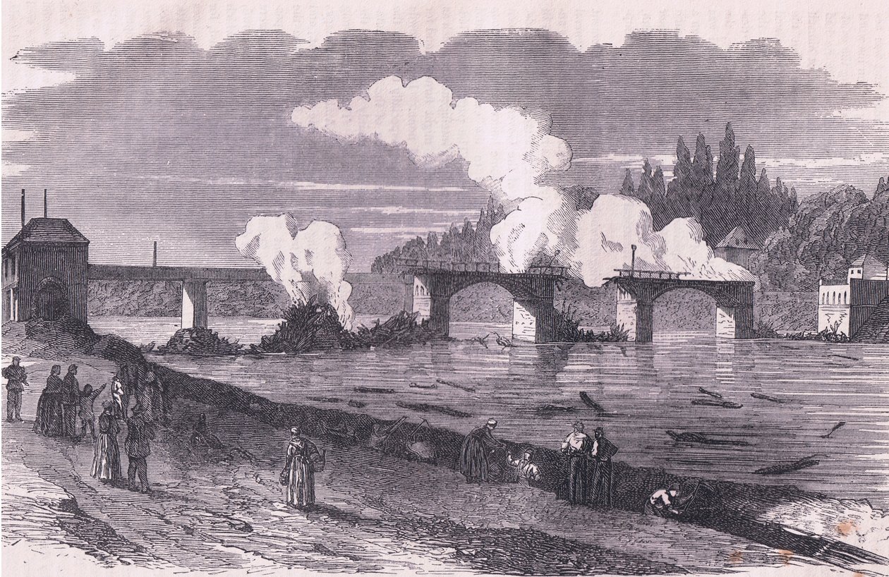 Forsvaret af Paris-brændende broen over Asnieres, Cassells historie om krigen mellem Frankrig og Tyskland udgivet af Cassell and Company Limited, ca. 1890 (litho) af German School