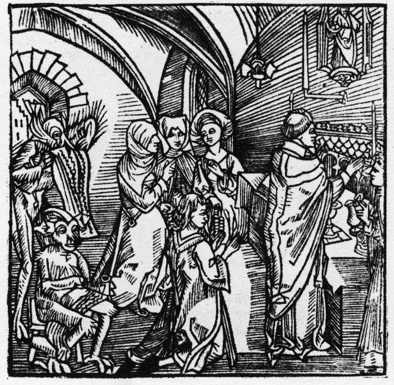 Djævlerne transskriberer købmændenes snak under messen - i "Der Ritter von Turn"" af ridderen Marquard vom Stein 1498 af German School