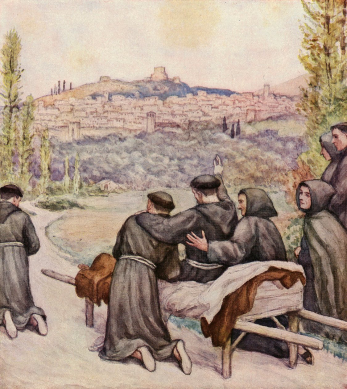 Den døende Sankt Frans velsigner byen Assisi (farvelitografi) af German School